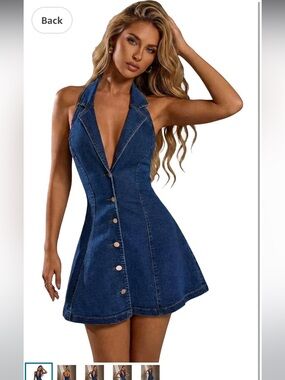 Halter Denim Button-Front Mini Dress - Blue